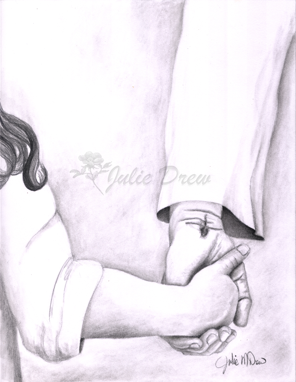 Child's hand holding Jesus hand, pencil, 12 x 9 in, artist Julie Drew
