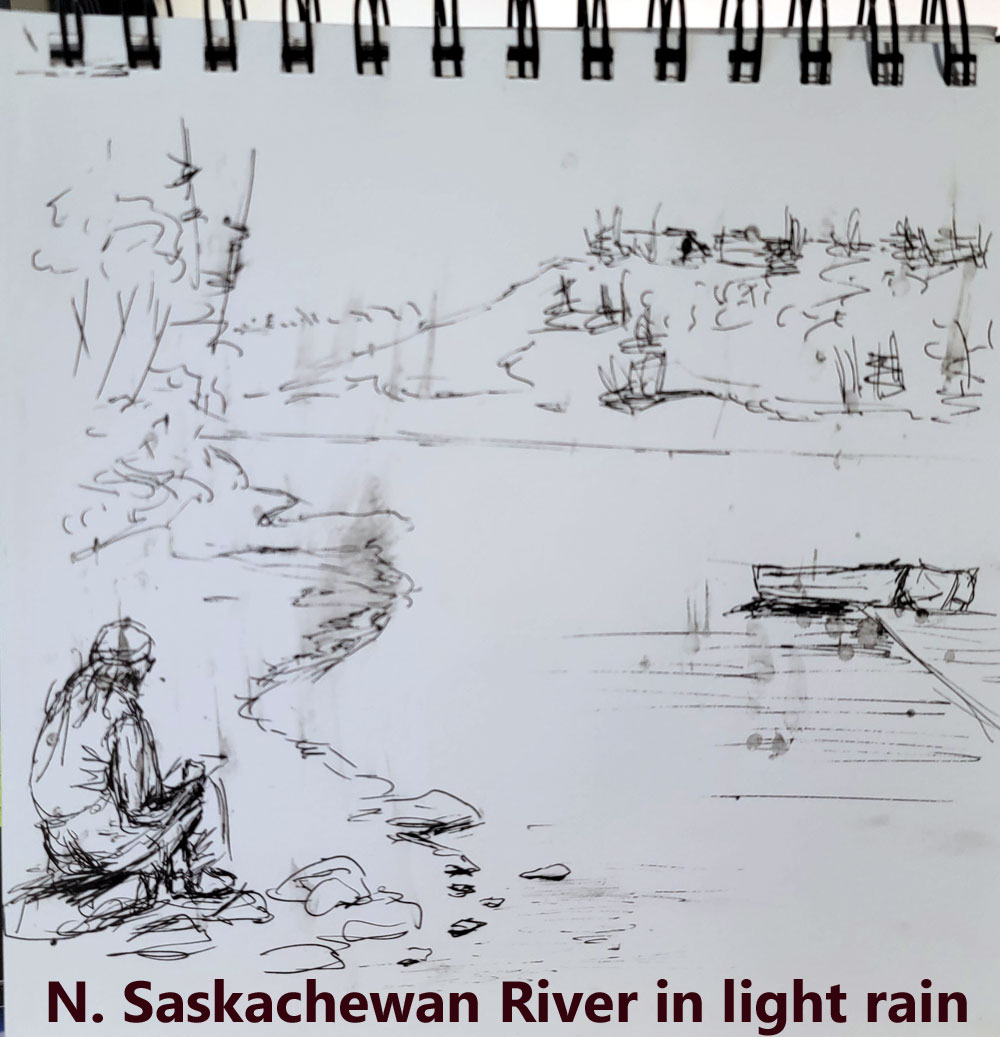 North Saskatchewan River in Light Rain, ink sketch