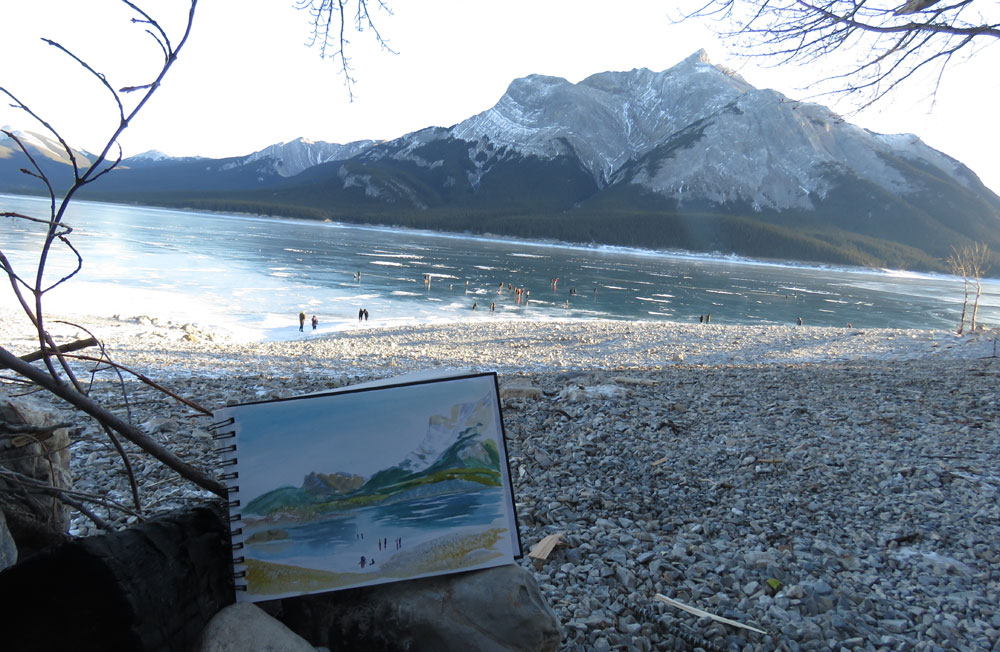 Plein Air watercolor sketch of Abraham Lake - in January