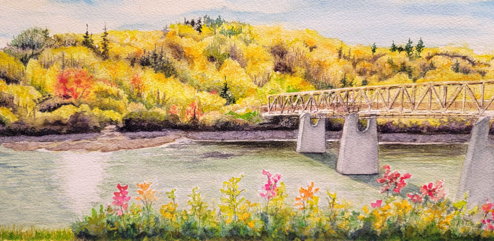 RundleBridge NSask.River 6x12in watercolor JulieDrew