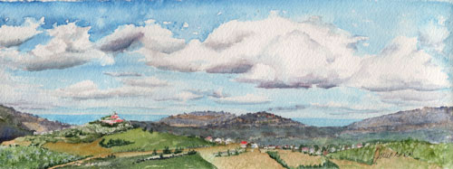 View from Hotel Leone Montelparo, Watercolor, 4 x 10 in artist Julie Drew