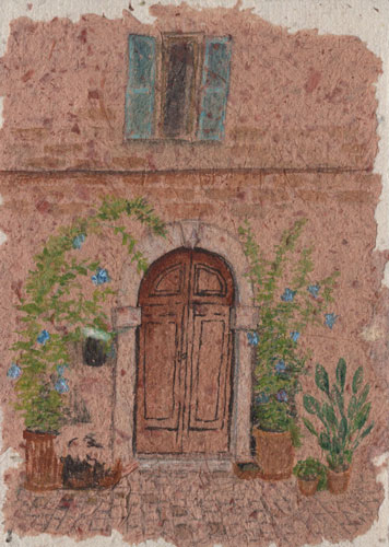 Welcome doorway Italy, watercolor on handmade onionskin paper, 5 x 7 in, artist Julie Drew
