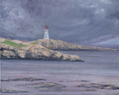 Peggy's Cove in the storm, acrylic, 8 x 10 in, artist Julie Drew