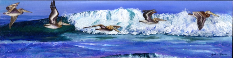 Surfin&#039; Pelicans, watercolor on handmade paper on acrylic