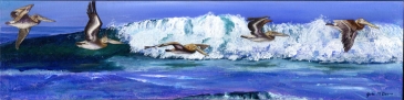 Surfin' Pelicans, watercolor on handmade paper on acrylic
