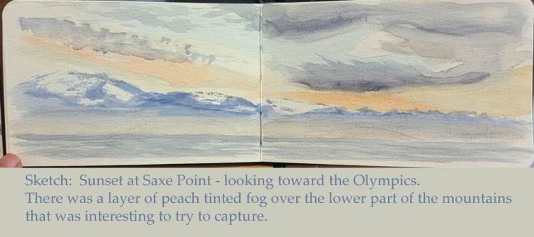 Watercolor Sketch: Sunset at Saxe Point - looking toward the Olympics. 