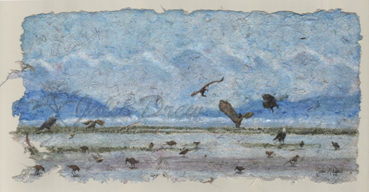 Feathered Frenzy, Watercolor on handmade paper with feathers, 8 x 12 in