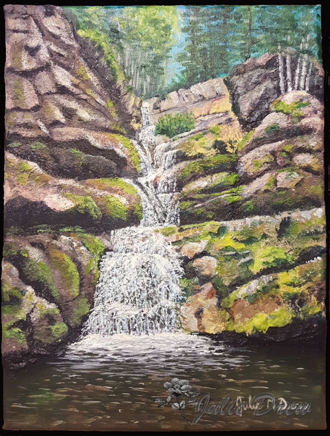 Upper Troll Falls, Handmade Paper and Acrylic on Canvas, 12 x 9 in, Julie Drew